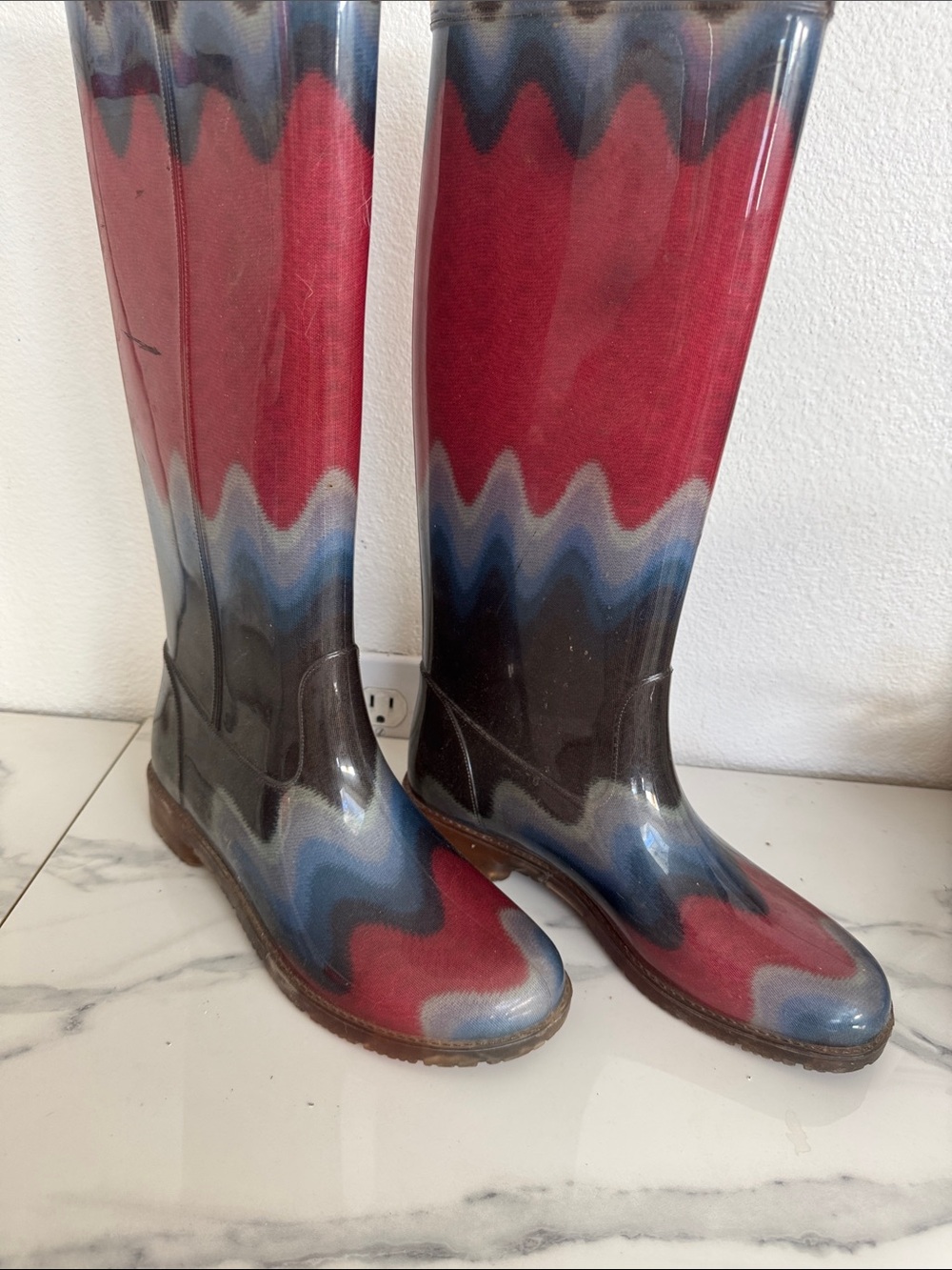 Missoni Wave-Print Tall Rain Boots in Red, Blue & Gray